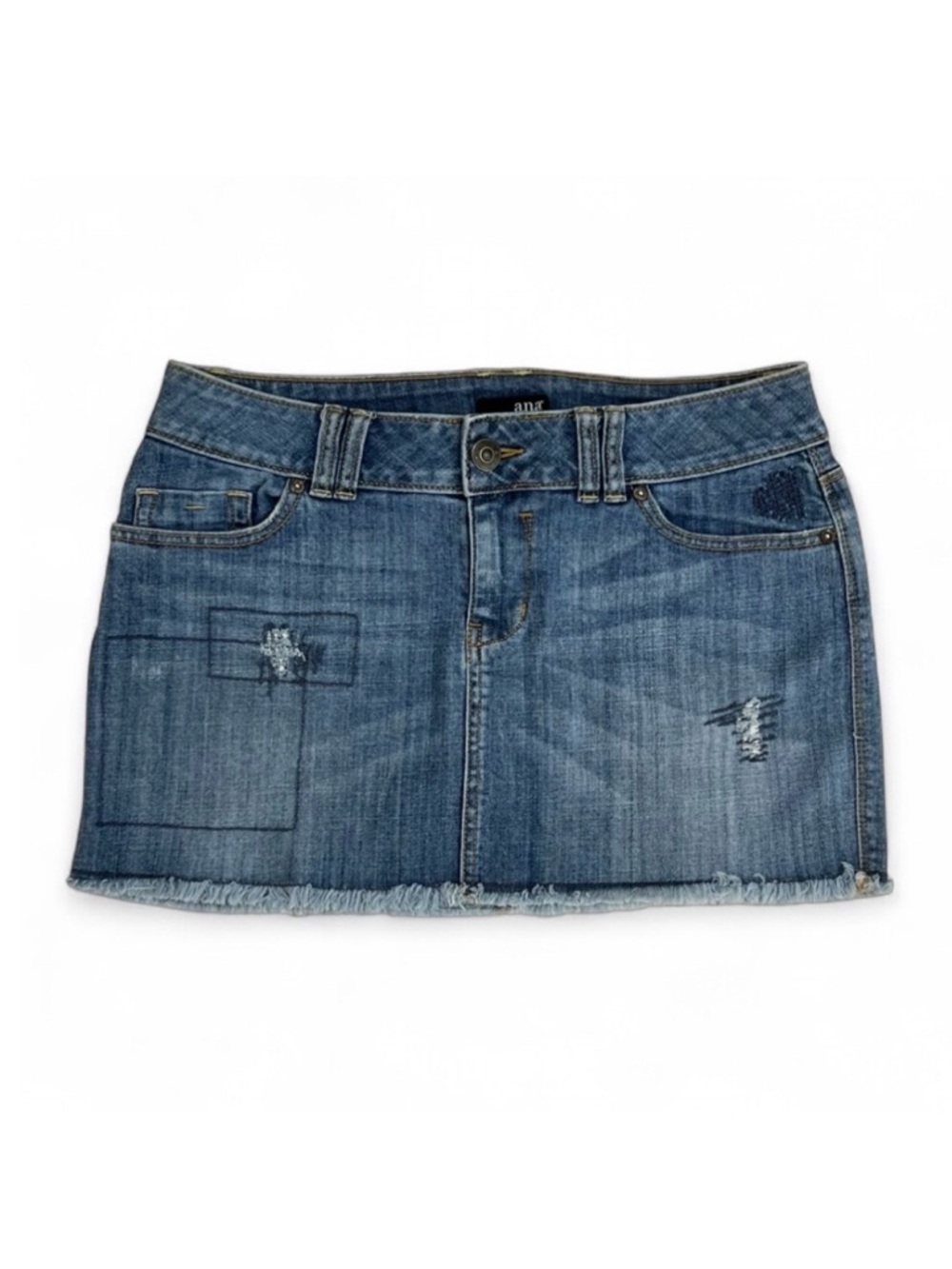 Ana Distressed Mini Denim Skirt with Embroidered Details and Frayed Hem Size 8